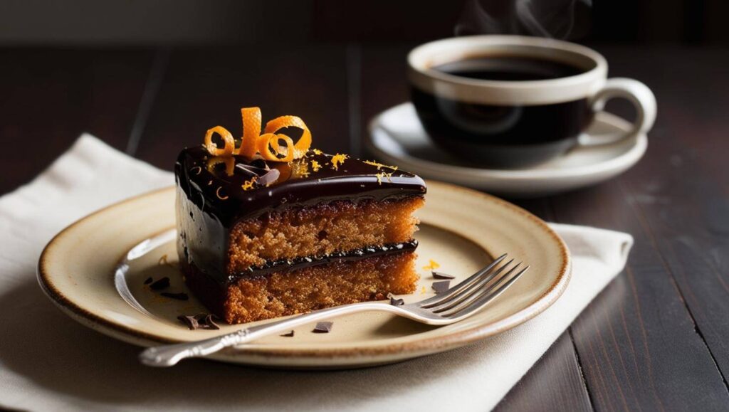 Slice of chocolate orange cake served with garnishes