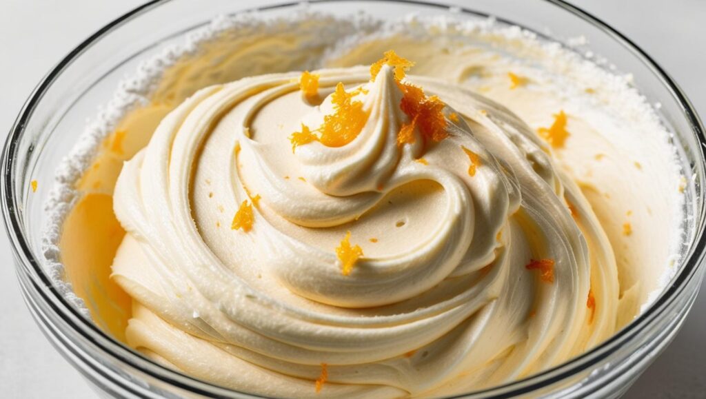 delight Orange Creamsicle Cake 2 A bowl of fluffy frosting being whipped with orange zest cream cheese butter powdered sugar and orange extract. Bright and creamy texture with visible flecks of zest - delight Orange Creamsicle Cake
