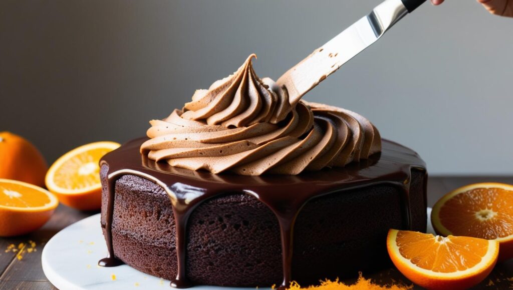 A Slice of Heaven: The Perfect Chocolate Orange Cake 6 A fully baked chocolate cake being frosted with chocolate orange buttercream. An offset spatula spreads thick creamy frosting over the top of the cake. Orange slices and zest visible nearby - A Slice of Heaven: The Perfect Chocolate Orange Cake