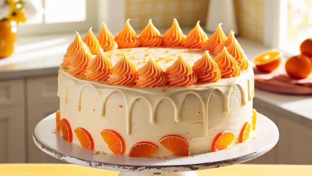 delight Orange Creamsicle Cake 3 A fully decorated Orange Creamsicle Cake with piped frosting swirls orange slices and zest on top. The cake is served on a cake stand with a summer kitchen in the background. 1 - delight Orange Creamsicle Cake