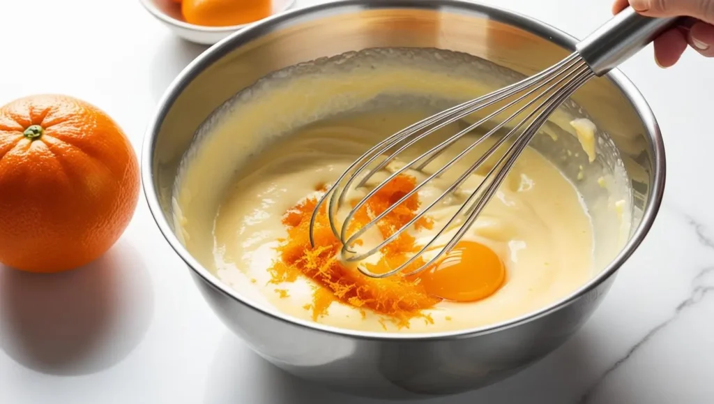 A Slice of Heaven: The Perfect Chocolate Orange Cake 4 Action shot of a whisk blending in an egg and fresh orange zest into the creamed mixture. Orange zest visibly sits on top adding color. A vibrant orange sits on the counter nearby - A Slice of Heaven: The Perfect Chocolate Orange Cake