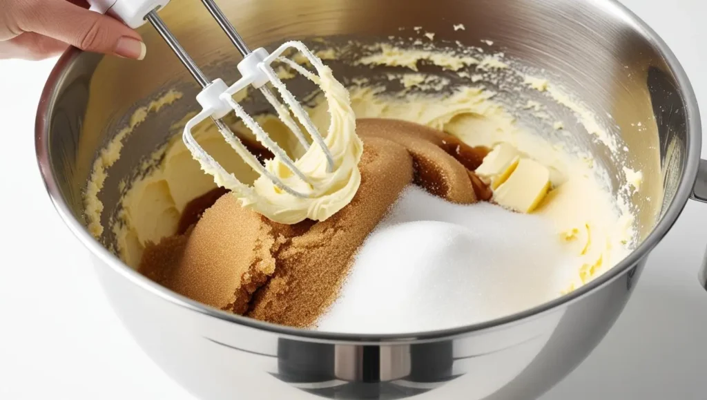 A Slice of Heaven: The Perfect Chocolate Orange Cake 3 Close up of a mixing bowl with butter brown sugar and white sugar being creamed using a hand mixer. The mixture is fluffy and light. A hand is holding the mixer mid motion - A Slice of Heaven: The Perfect Chocolate Orange Cake