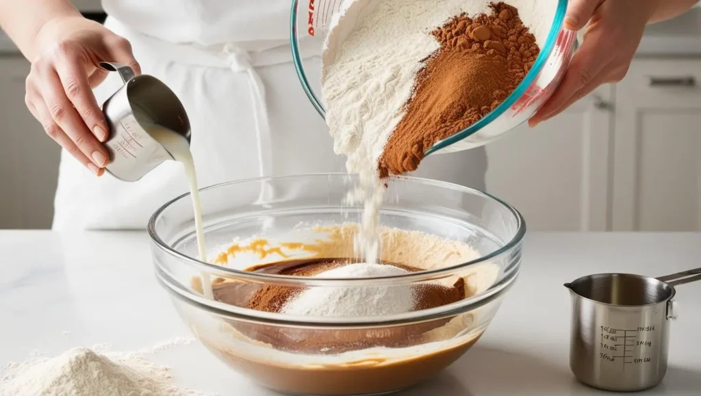 A Slice of Heaven: The Perfect Chocolate Orange Cake 5 Process shot of a baker pouring dry ingredients into the wet mixture in a mixing bowl. Flour and cocoa powder are mid air. A measuring cup with milk and vinegar sits nearby - A Slice of Heaven: The Perfect Chocolate Orange Cake