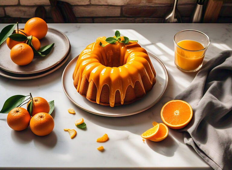 Homemade orange juice cake with glaze and fresh oranges