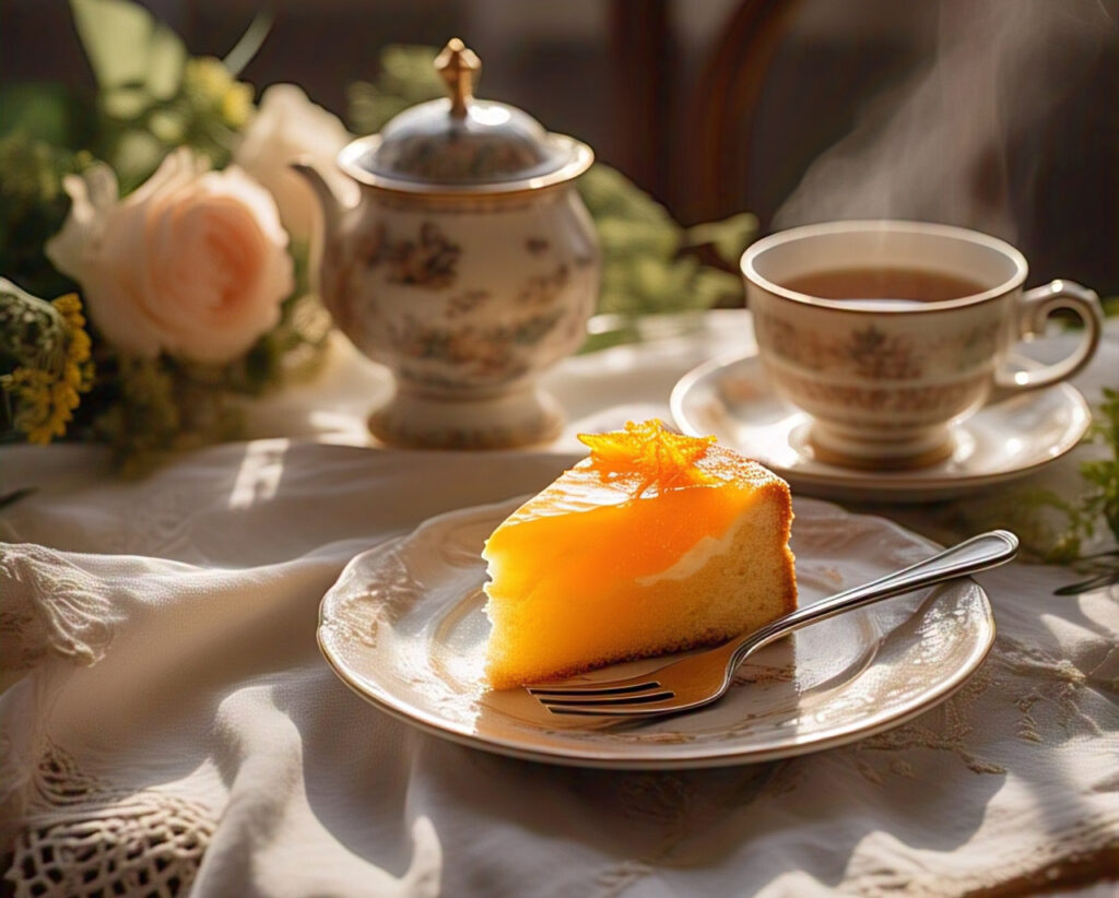 The Best Orange Juice Cake 4 Slice of orange juice cake with garnish on a plate