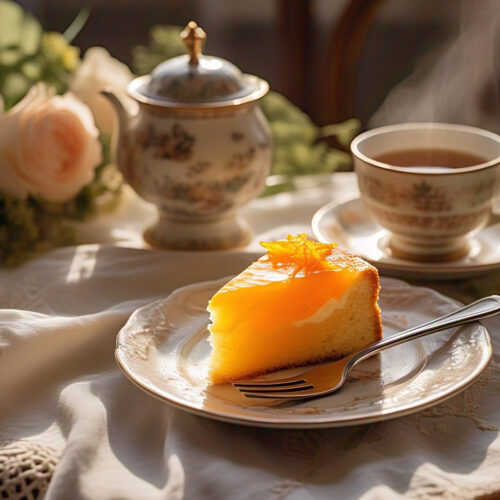 Slice of orange juice cake with garnish on a plate
