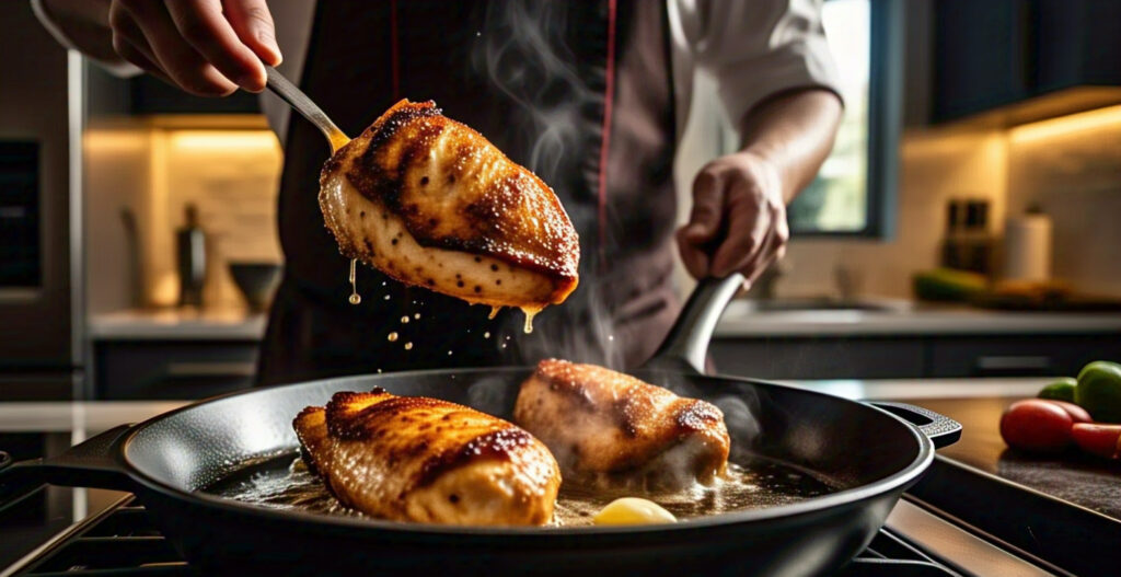 Easy Chicken Recipes: Garlic Butter Chicken Breast 3 Cooking garlic butter chicken breasts in a skillet until golden and crispy.