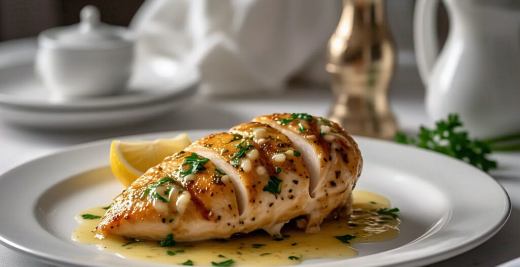 Easy Chicken Recipes: Garlic Butter Chicken Breast 4 Sliced garlic butter chicken breast served with parsley and lemon on a white plate.