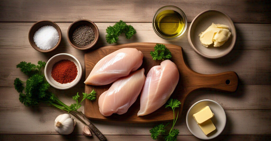 Easy Chicken Recipes: Garlic Butter Chicken Breast 2 Ingredients for garlic butter chicken including raw chicken breasts, spices, butter, and fresh herbs.