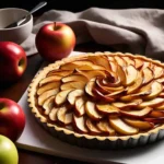 A beautifully baked French apple tart with golden, caramelized apples.
