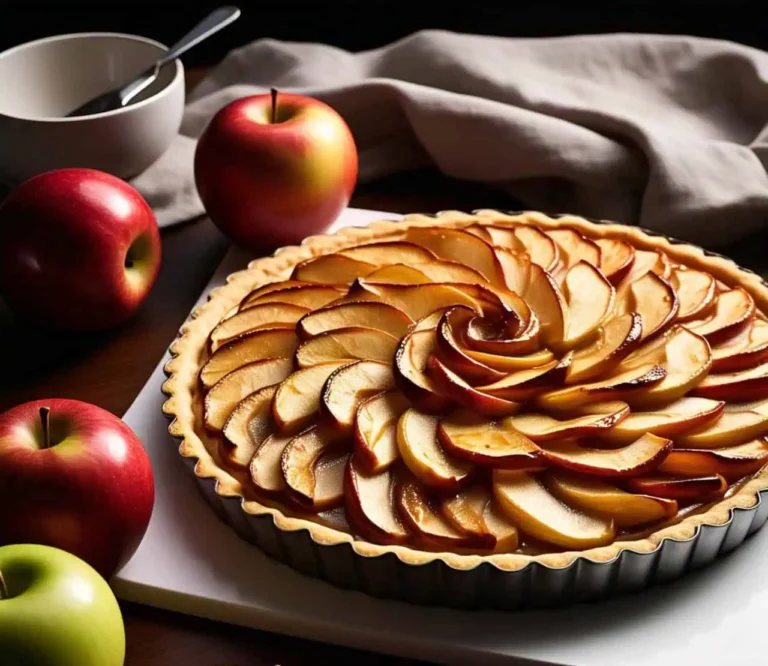 A beautifully baked French apple tart with golden, caramelized apples.