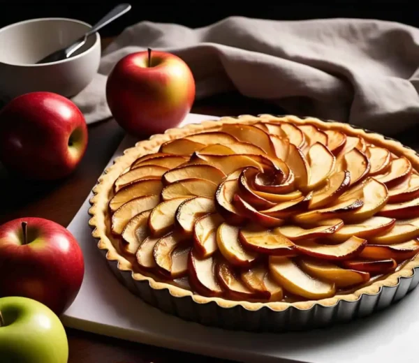 A beautifully baked French apple tart with golden, caramelized apples.