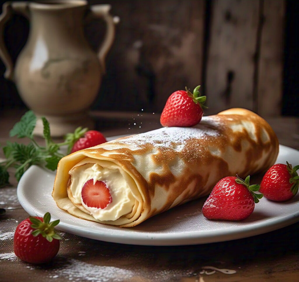 A crepe filled with cream cheese filling and topped with fresh strawberries.