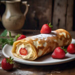 A crepe filled with cream cheese filling and topped with fresh strawberries.