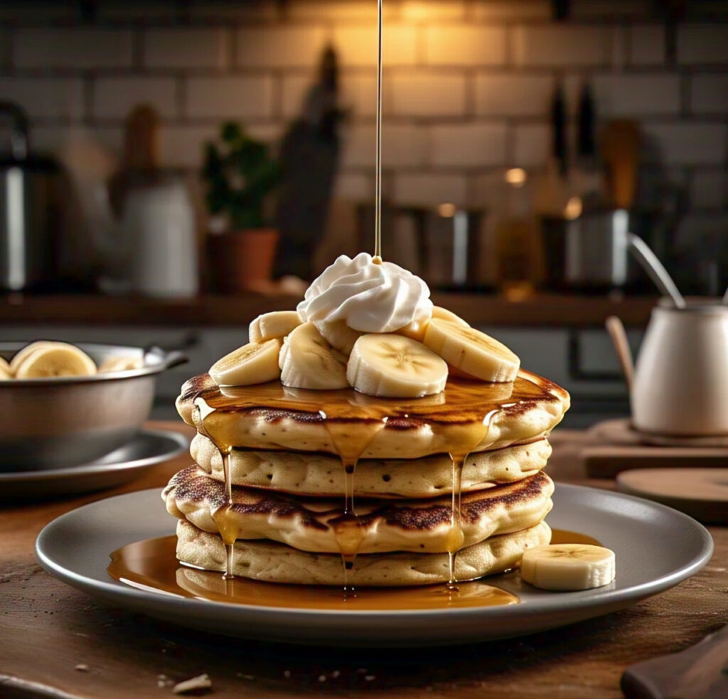 A stack of banana oatmeal pancakes topped with sliced bananas and maple syrup.