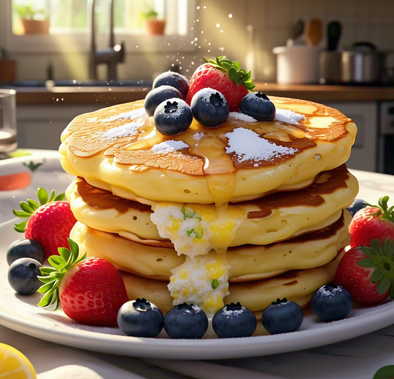 A stack of lemon ricotta pancakes with fresh berries and powdered sugar.
