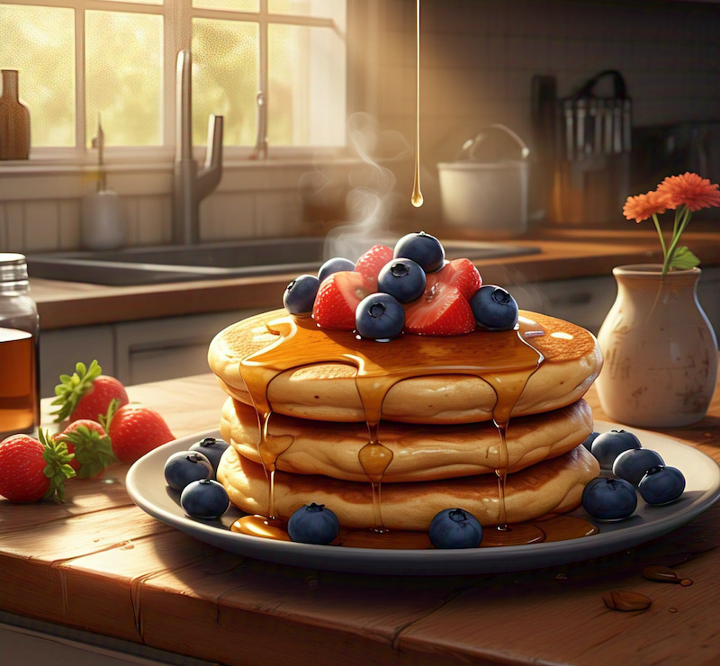 A stack of golden protein pancake topped with fresh fruit and syrup.