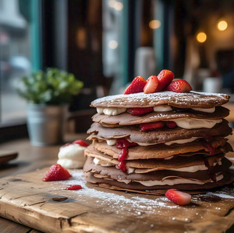 A stack of chocolate crepes topped with strawberries and whipped cream.