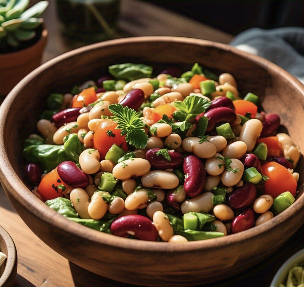 A colorful bean salad with fresh vegetables in a bowl.