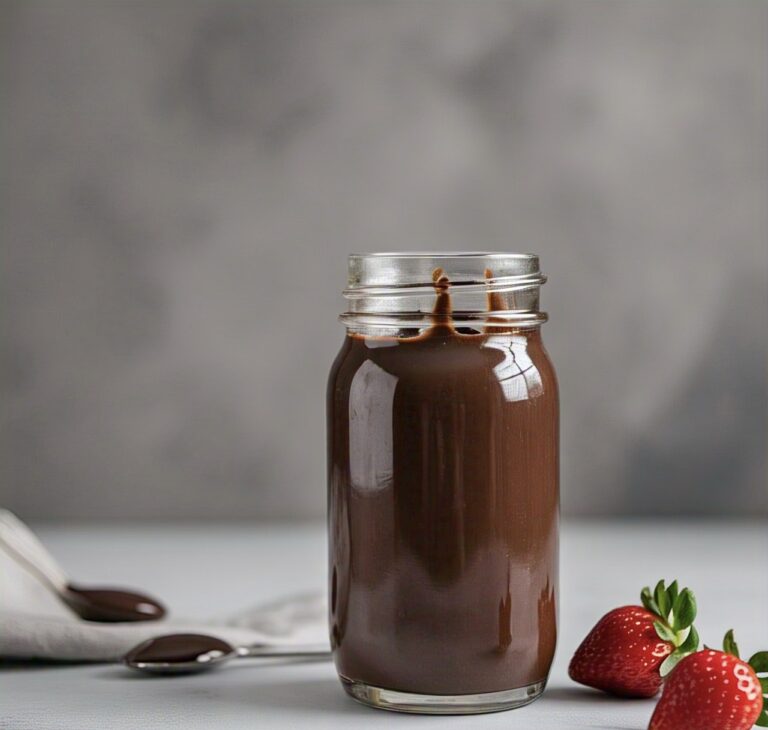 A rich homemade chocolate sauce being drizzled over a scoop of vanilla ice cream.