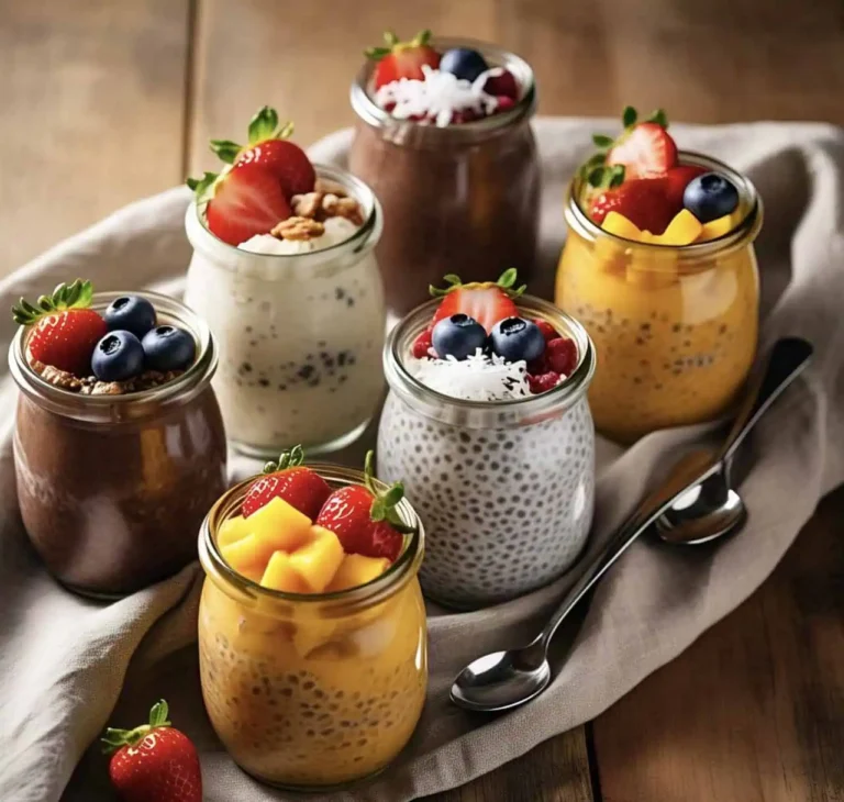 A variety of chia puddings in glass jars with different toppings.