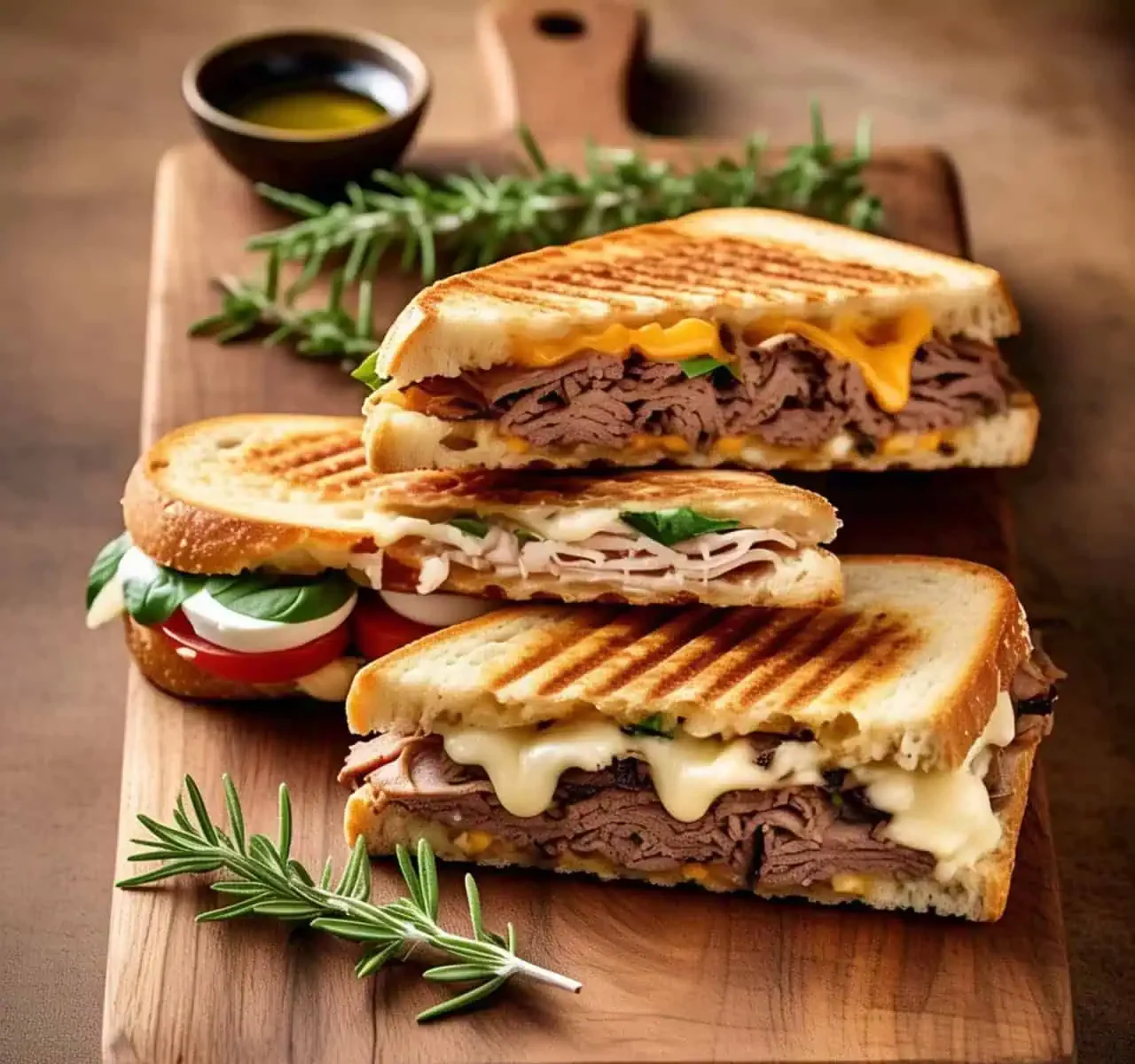 A wooden board with different types of paninis, including Caprese, turkey & cheddar, and roast beef.
