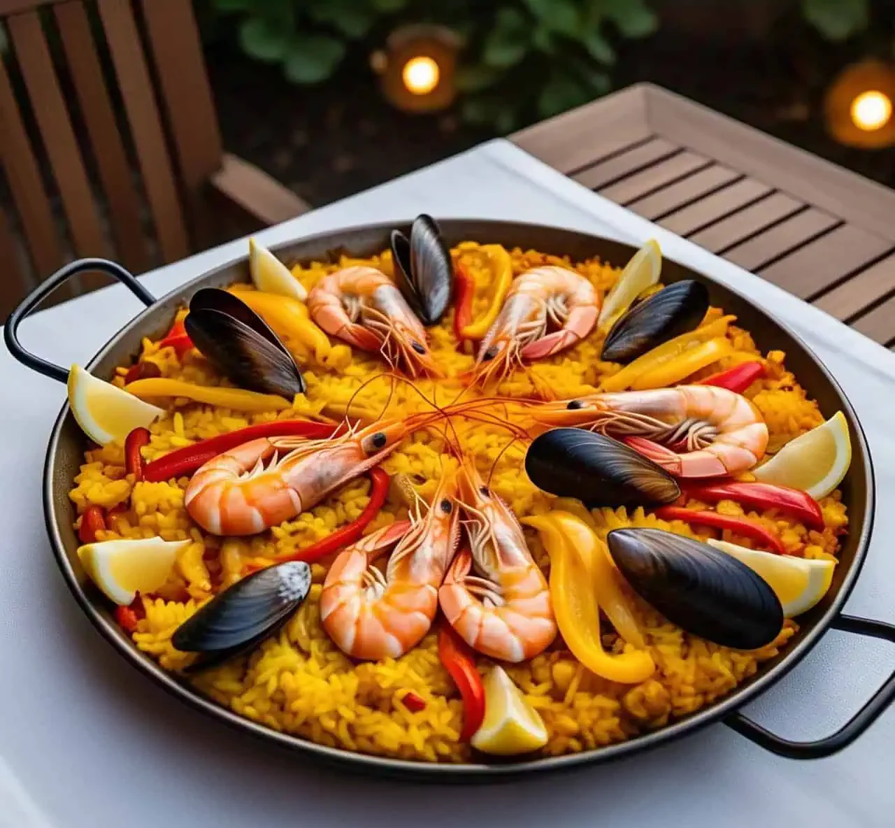 A traditional Spanish paella with seafood, saffron rice, and bell peppers served in a paella pan.