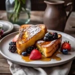 A plate of golden French toast with maple syrup and berries