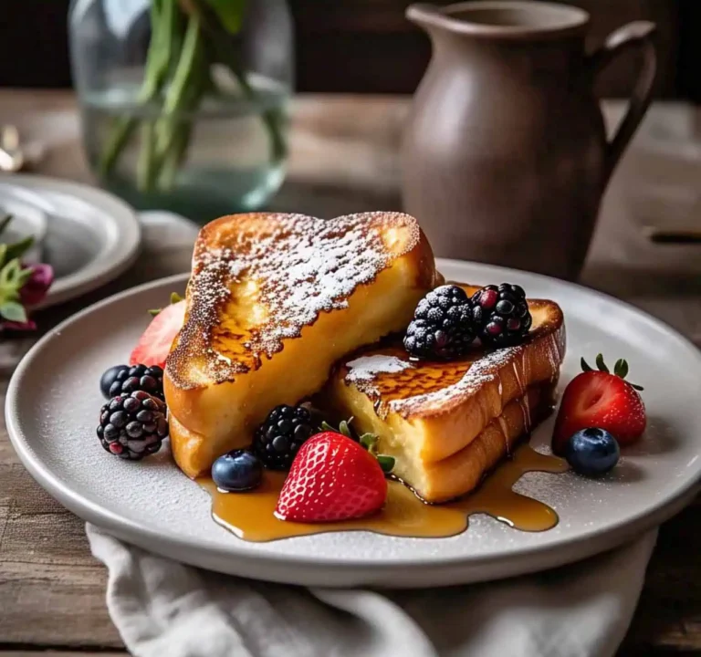 A plate of golden French toast with maple syrup and berries