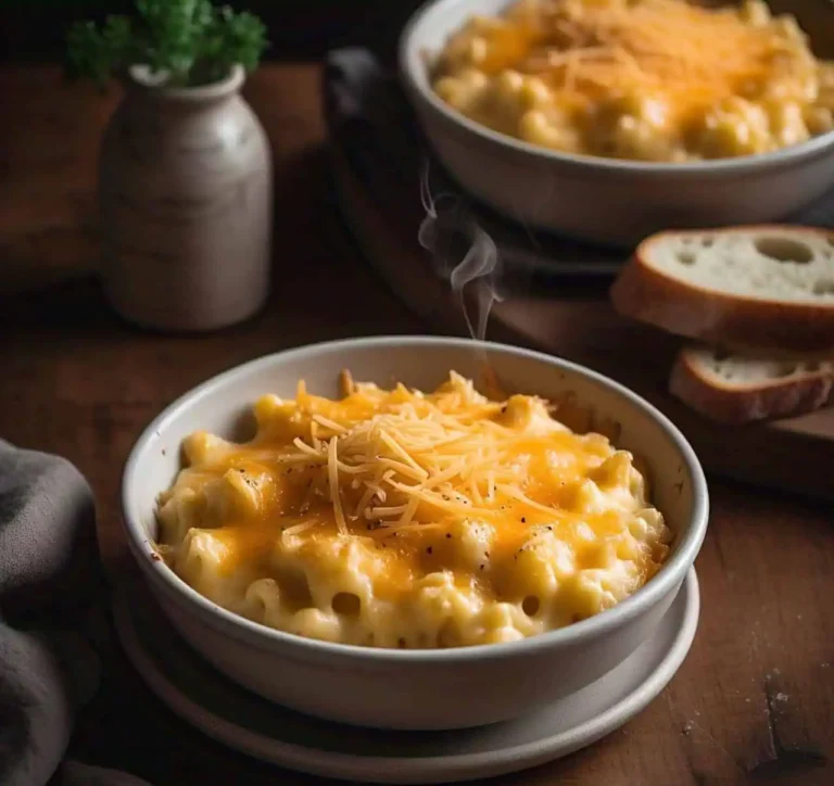 A bowl of creamy homemade mac and cheese topped with freshly shredded cheddar.