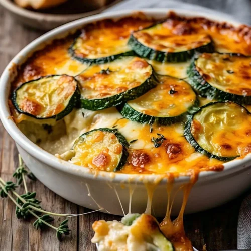 A freshly baked zucchini gratin in a casserole dish with a golden, crispy cheese topping.
