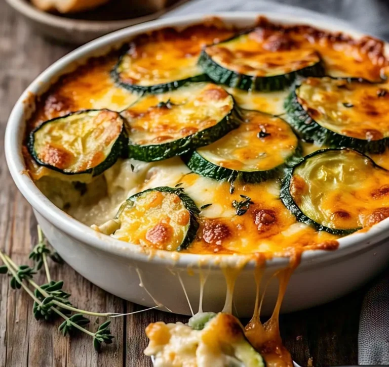 A freshly baked zucchini gratin in a casserole dish with a golden, crispy cheese topping.
