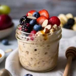 A jar of creamy overnight oats with fresh fruit and nuts
