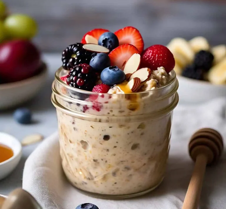A jar of creamy overnight oats with fresh fruit and nuts