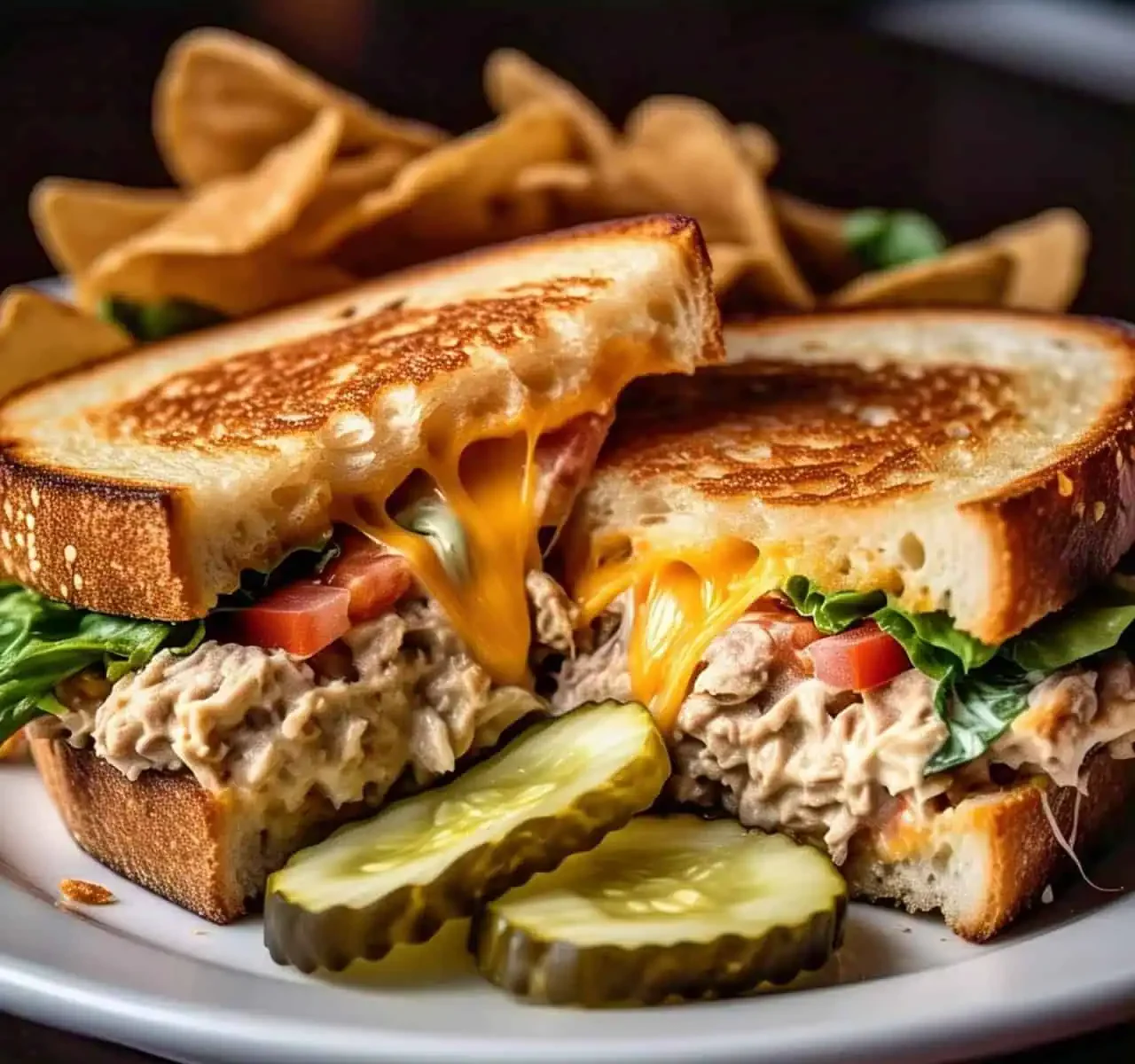 A crispy tuna melt sandwich with melted cheese on toasted bread.