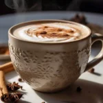 A warm mug of Vanilla Chai Latte topped with cinnamon