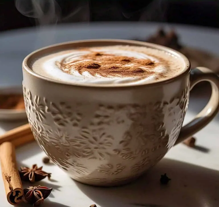 A warm mug of Vanilla Chai Latte topped with cinnamon