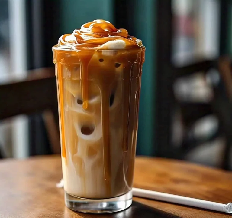 A tall glass of iced caramel macchiato with visible layers of milk, espresso, and caramel drizzle.