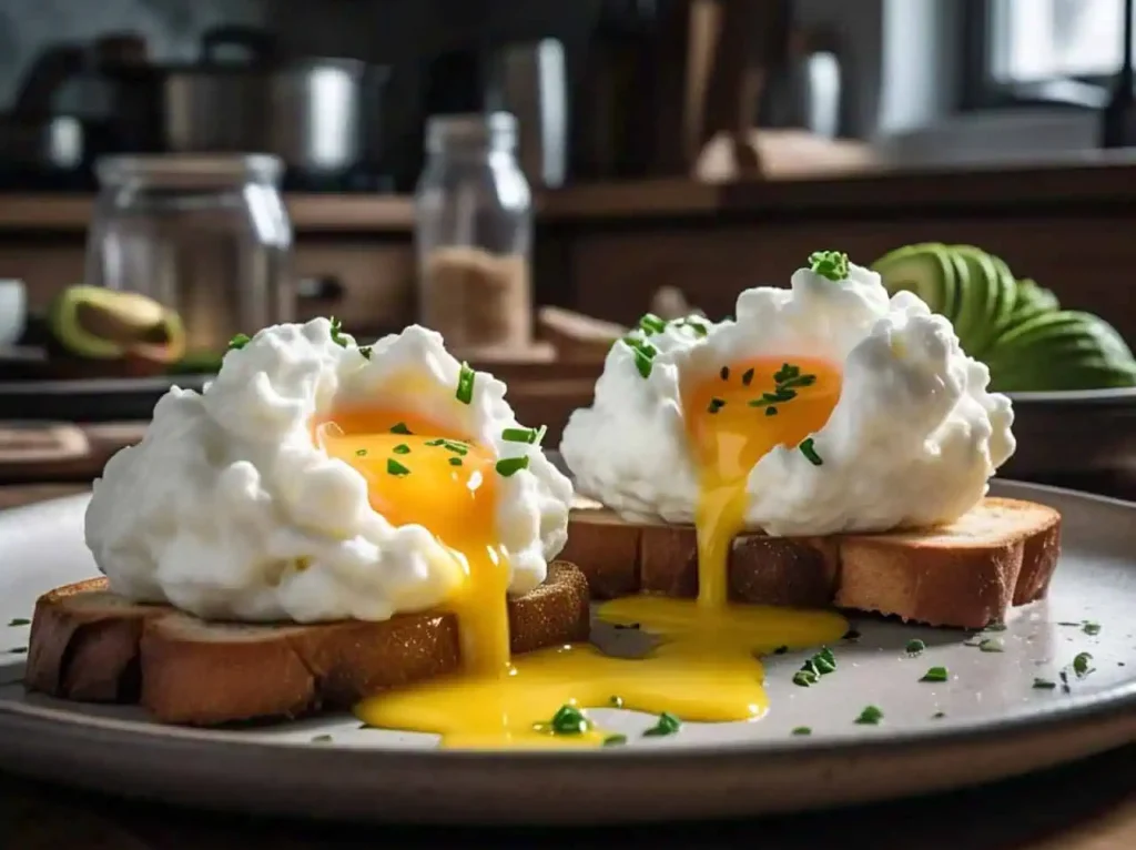 A plate of fluffy cloud eggs with golden yolks