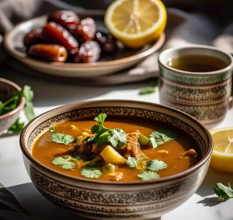 A steaming bowl of Moroccan Harira soup garnished with fresh herbs.