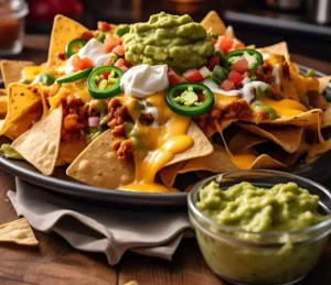 A plate of cheesy nachos topped with jalapeños, sour cream, and guacamole.