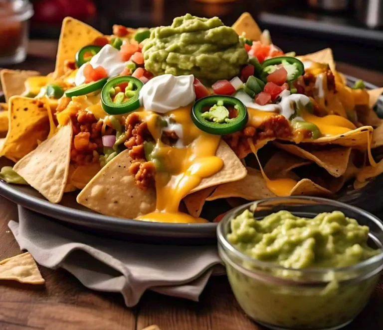 A plate of cheesy nachos topped with jalapeños, sour cream, and guacamole.