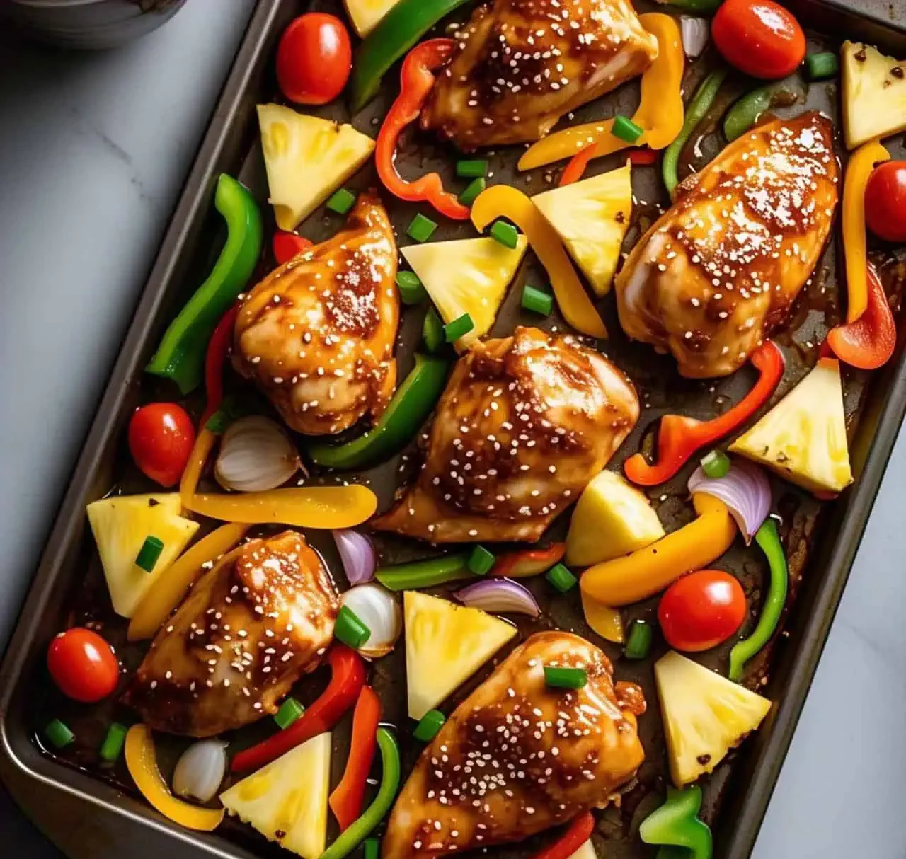 A baking sheet with marinated chicken, pineapple, and bell peppers ready for roasting.