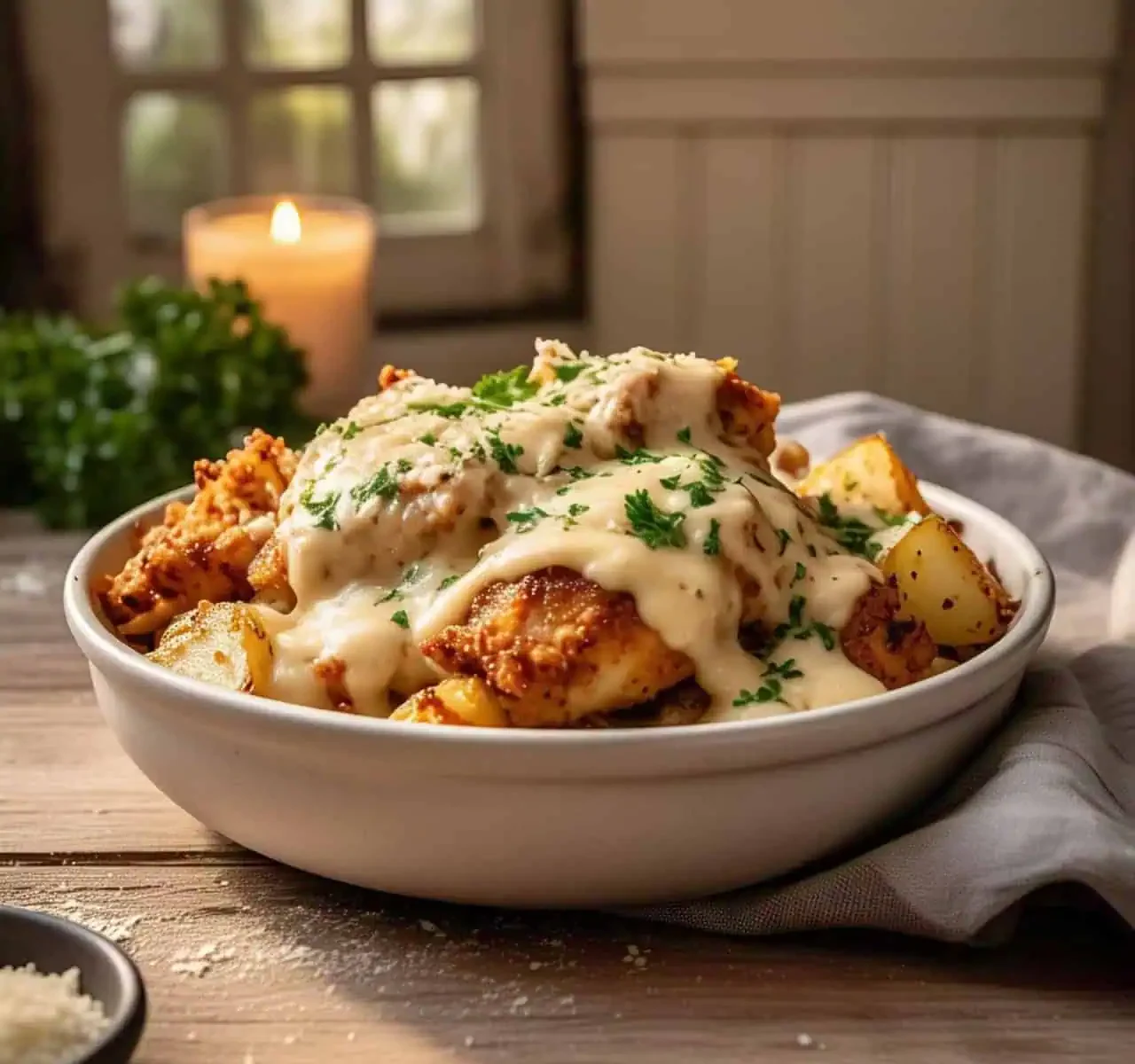 A creamy Garlic Parmesan Chicken and Potatoes dish in a white ceramic bowl.