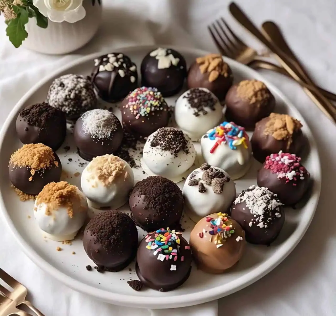 A tray of assorted Oreo truffle flavors with different coatings and toppings.