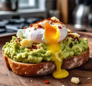 A perfectly plated avocado toast with a poached egg on top.
