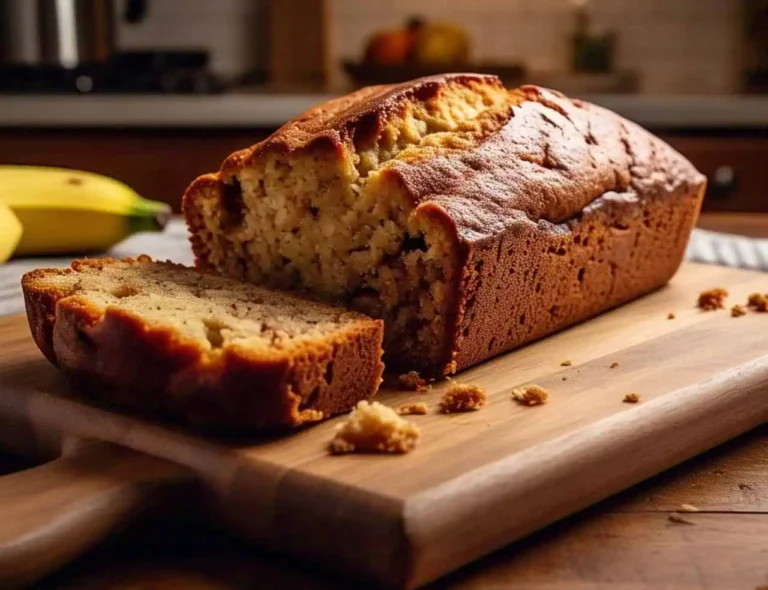 Freshly baked banana bread on a wooden cutting board
