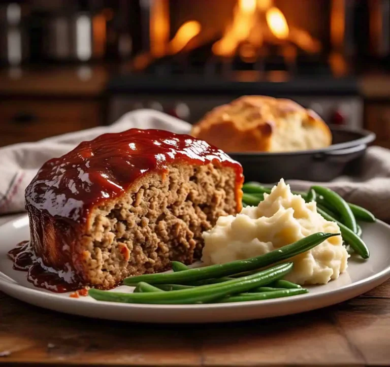 Classic homemade meatloaf sliced on a plate with mashed potatoes and green beans.