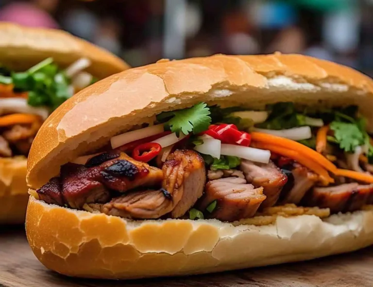 A freshly made Vietnamese banh mi sandwich with crispy baguette, grilled pork, pickled vegetables, and cilantro.