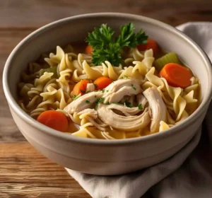 A bowl of steaming chicken noodle soup with fresh vegetables and herbs.